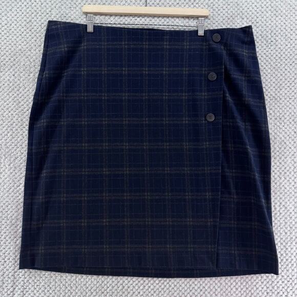 J Jill Skirt Womens Plus 3X Blue Brown Plaid Knee Length Faux Wrap Academia - Picture 1 of 10